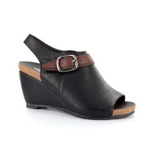 Women's Black Peep-Toe Wedge Sandal with Brown Accent